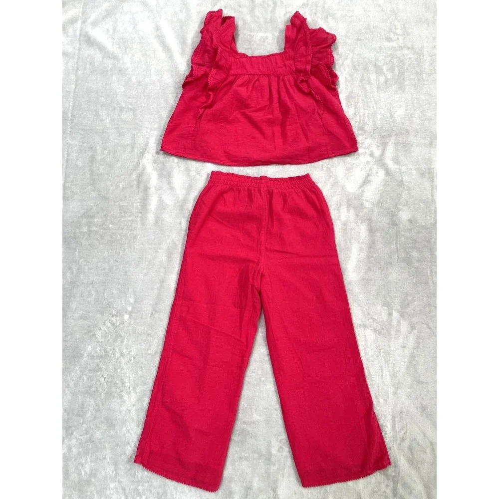 Ralph Lauren Top & Pants Set Girls 8 Red Ruffled Cotton Gauze Crochet Trim